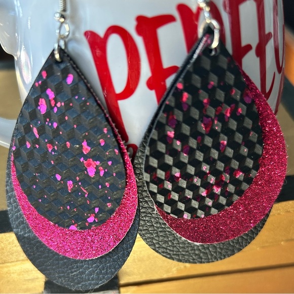 Black and Pink Layered Earrings- leather- handmade- new- great gift - Picture 3 of 6